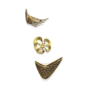 Vintage Set of 3 Modernist Brooches Gold Tone Mid Mod Abstract 60s 70s 2 Signed